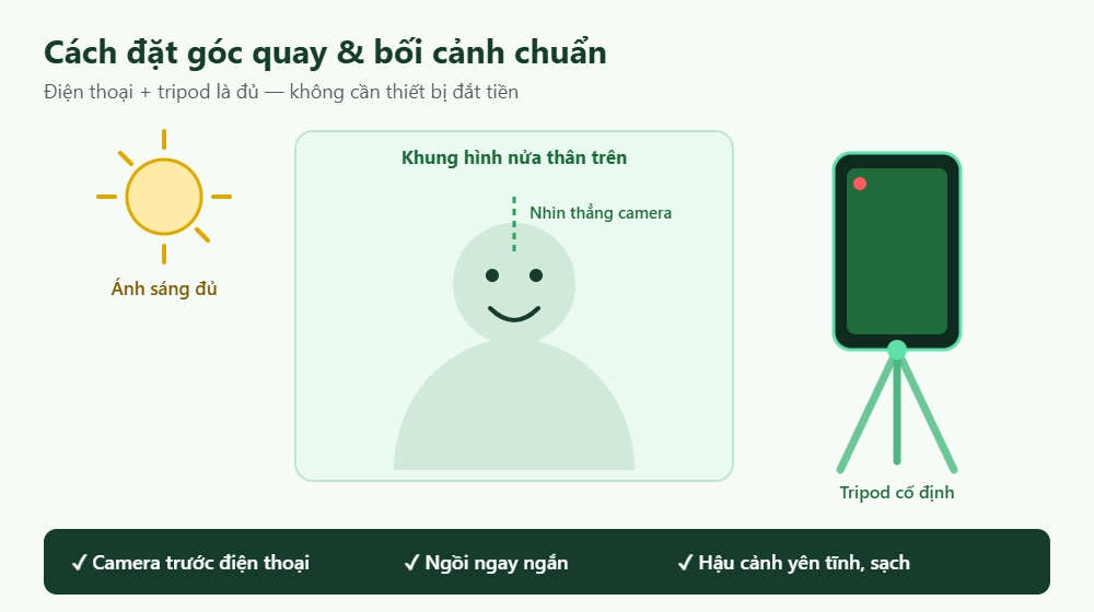 Cách đặt góc quay video giới thiệu bản thân bằng điện thoại và tripod, lấy nửa thân trên, nhìn thẳng camera